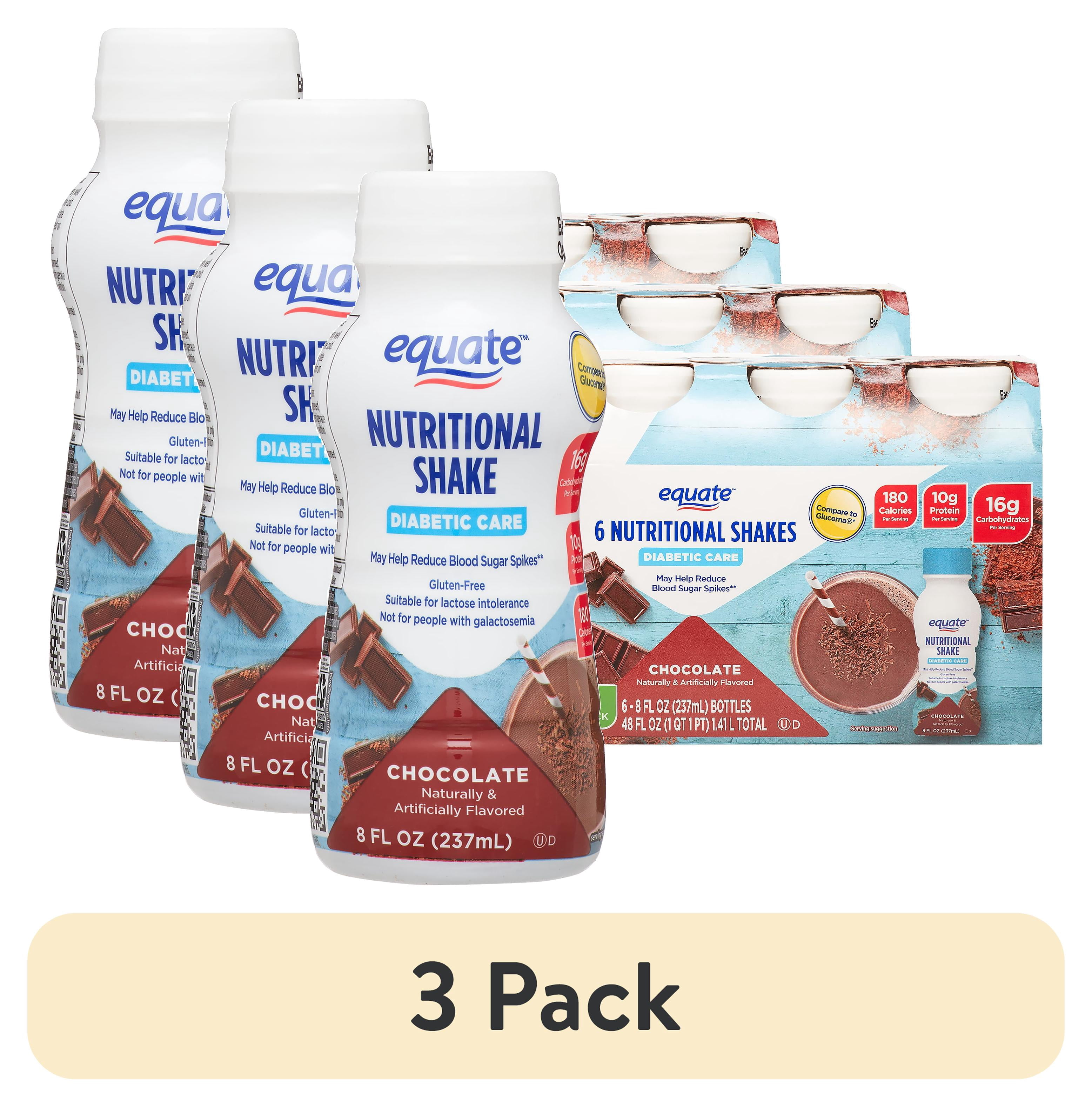 (3 pack) Equate Diabetic Care Nutritional Shakes, Chocolate, 8 fl oz, 6 Count Compare to Glucerna Chocolate