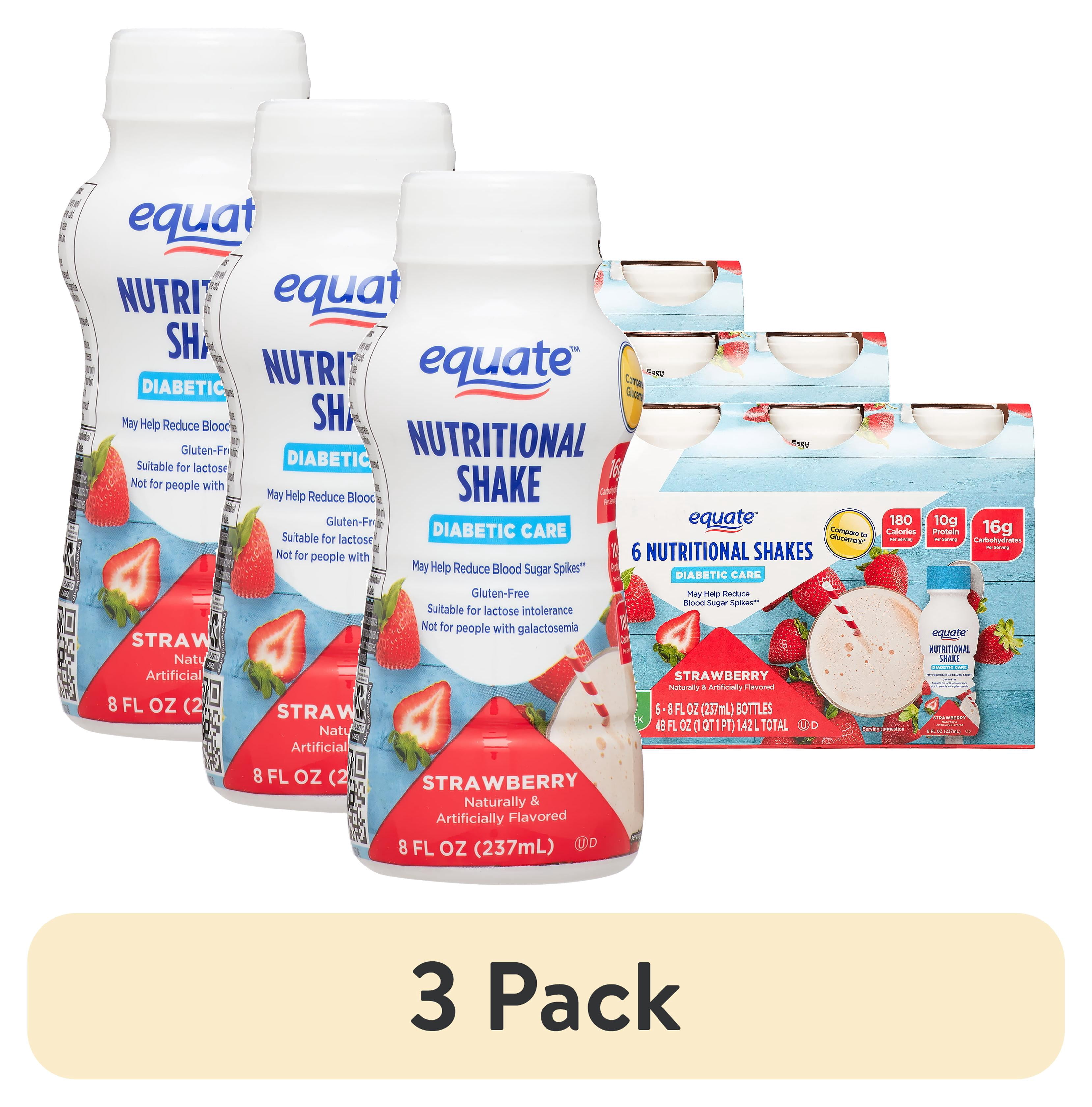 (3 pack) Equate Diabetic Care Nutritional Shakes, Strawberry, 8 fl oz, 6 Count Compare to Glucerna Strawberry