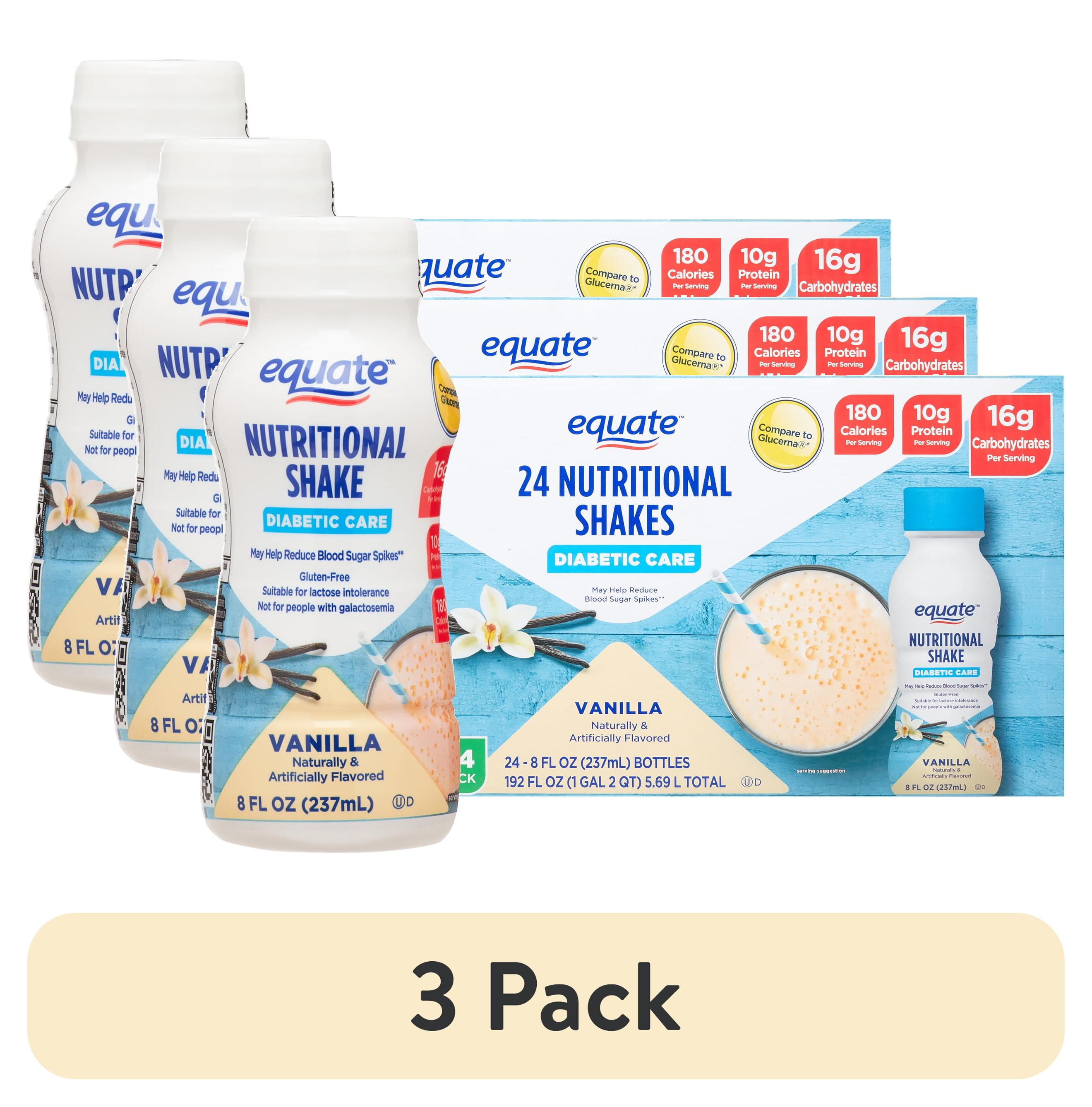 (3 pack) Equate Diabetic Care Nutritional Shakes, Vanilla, 8 fl oz, 24 Count Compare to Glucerna Vanilla