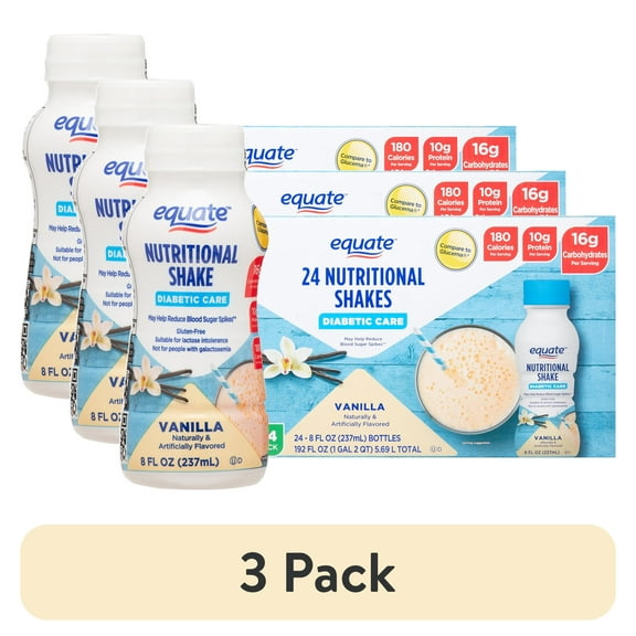(3 pack) Equate Diabetic Care Nutritional Shakes, Vanilla, 8 fl oz, 24 Count Compare to Glucerna Vanilla
