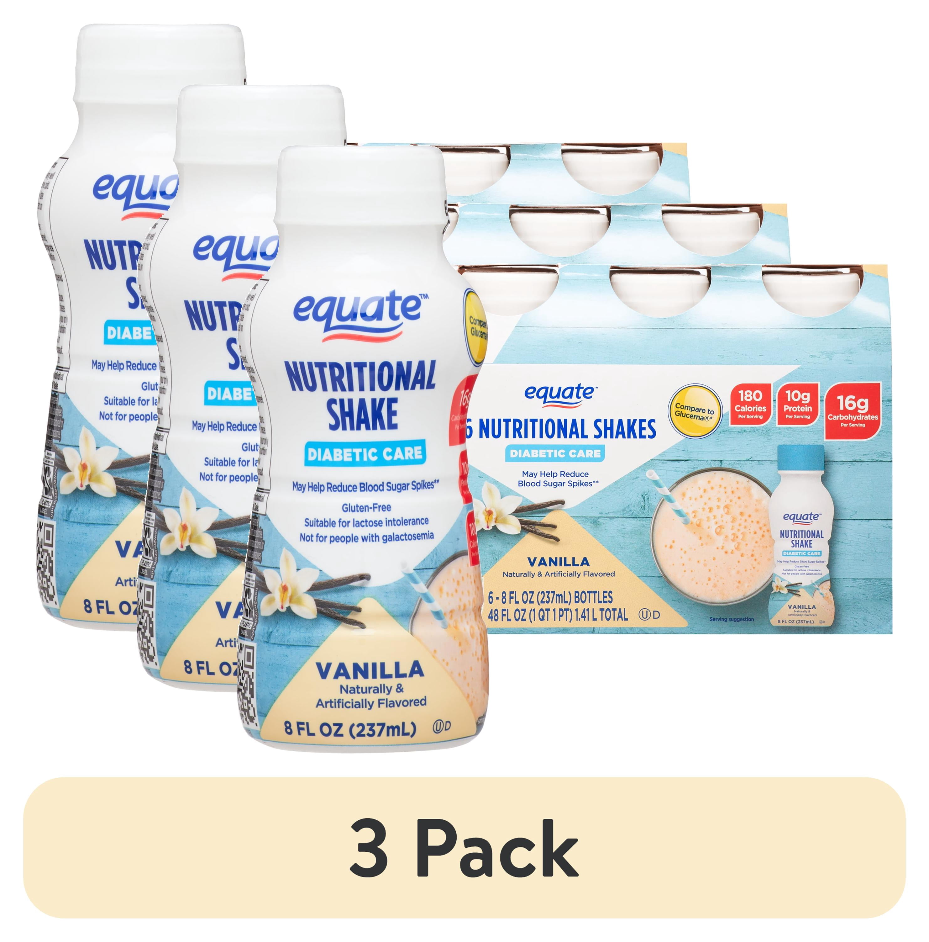 (3 pack) Equate Diabetic Care Nutritional Shakes, Vanilla, 8 fl oz, 6 Count Compare to Glucerna Vanilla
