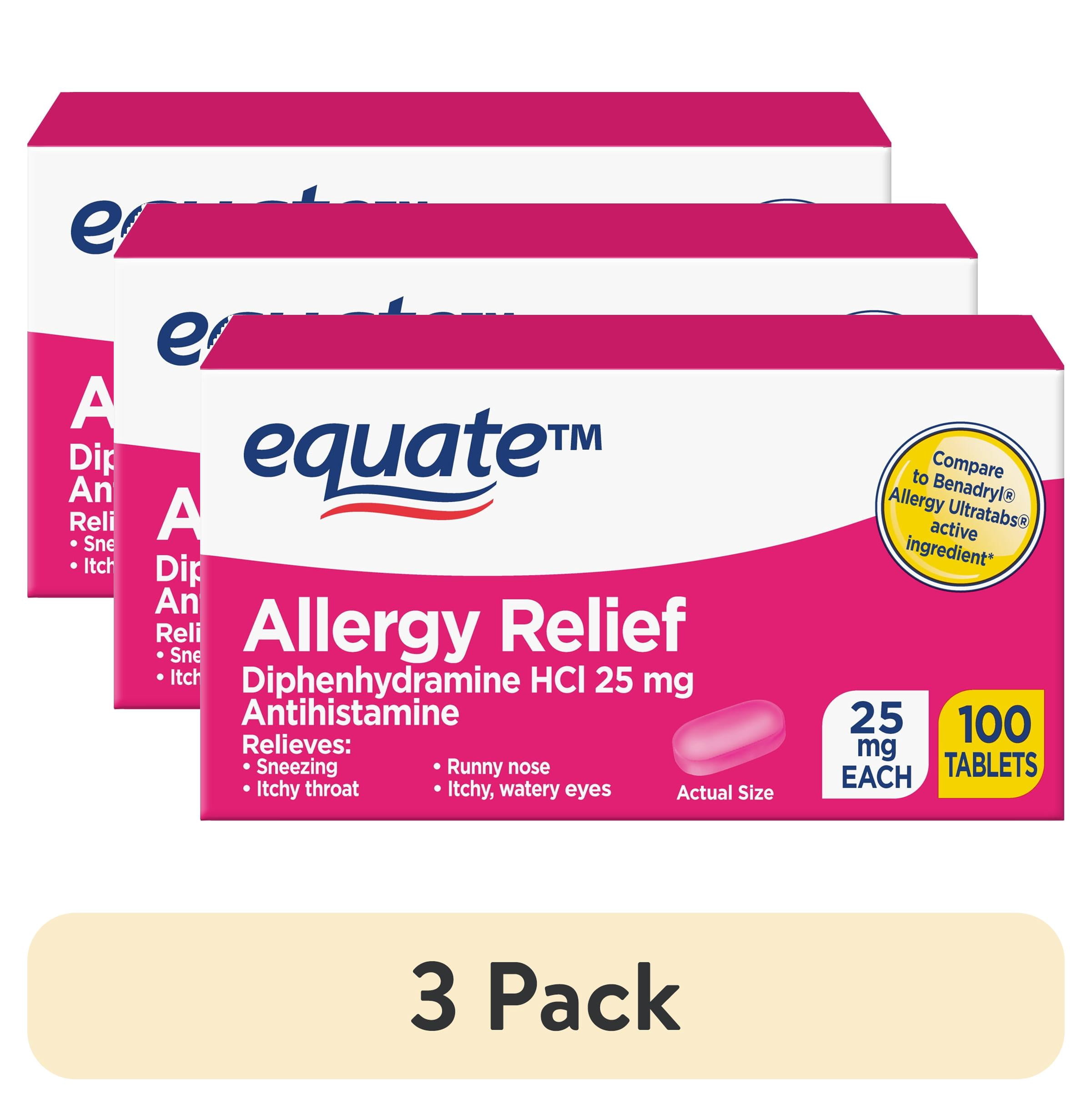 (3 pack) Equate Diphenhydramine HCl 25 mg Antihistamine Complete Allergy Tablet, 100 Count