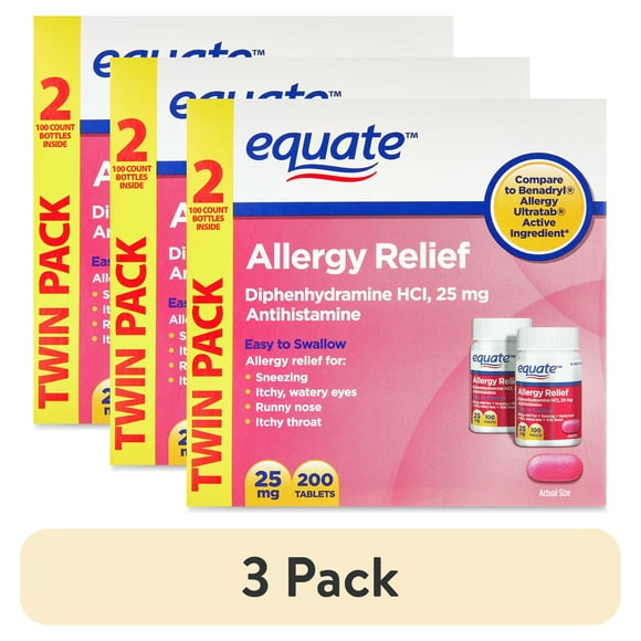 (3 pack) Equate Allergy Relief Diphenhydramine HCl 25 mg Antihistamine Tablets, 2x100 Count, Compare to Benadryl Allergy Ultratab Active Ingredient