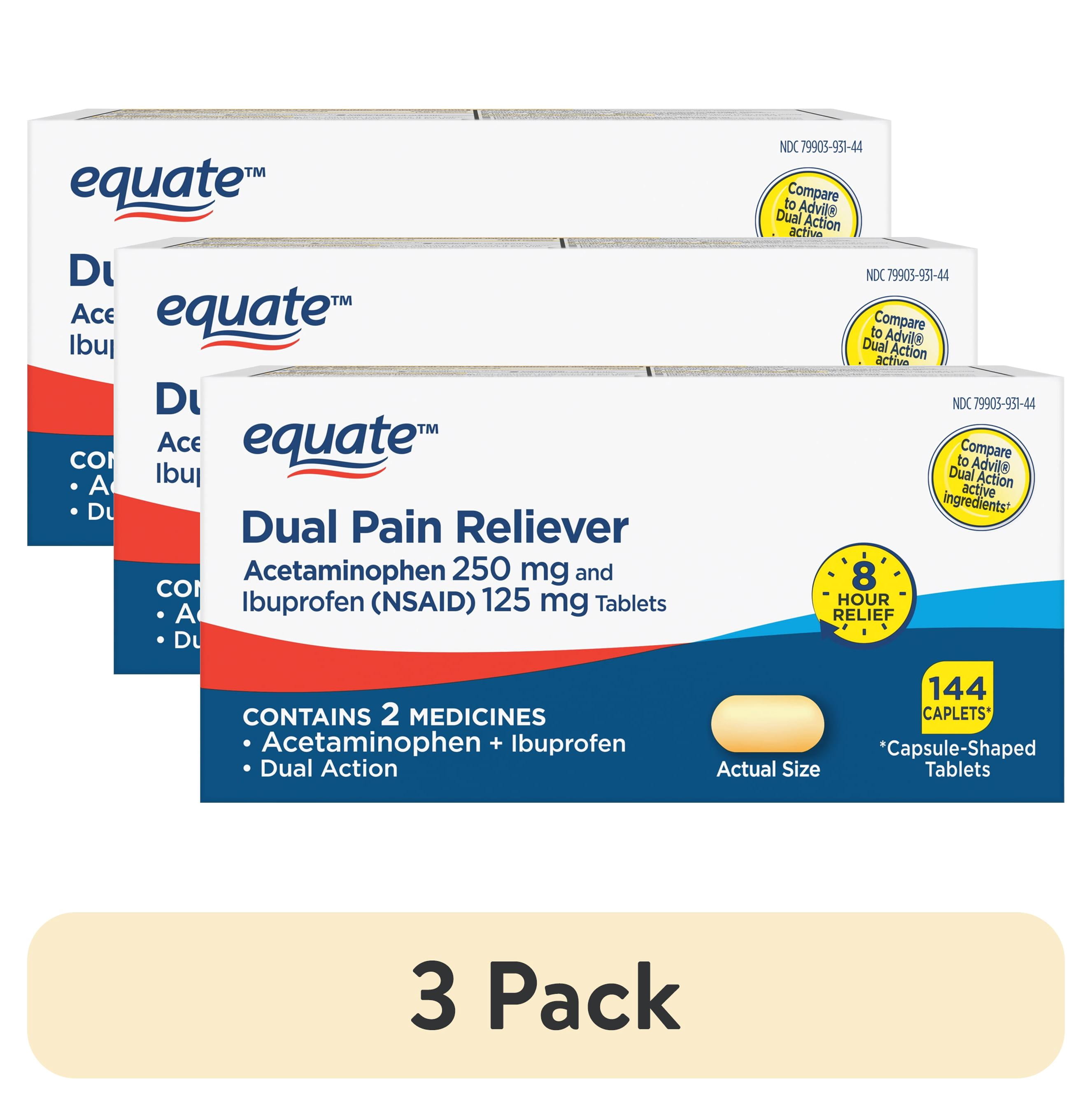 (3 pack) Equate Dual Action Acetaminophen 250 mg and Ibuprofen (Nsaid) 125 mg Pain Reliever Tablets, 144 Count