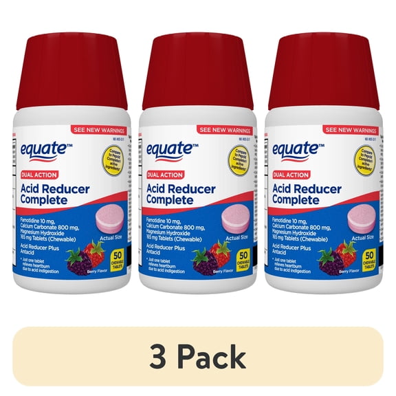 (3 pack) Equate Dual Action Acid Reducer Complete Tablets, Berry,50 Count, Compare to Pepcid Complete Active Ingredients