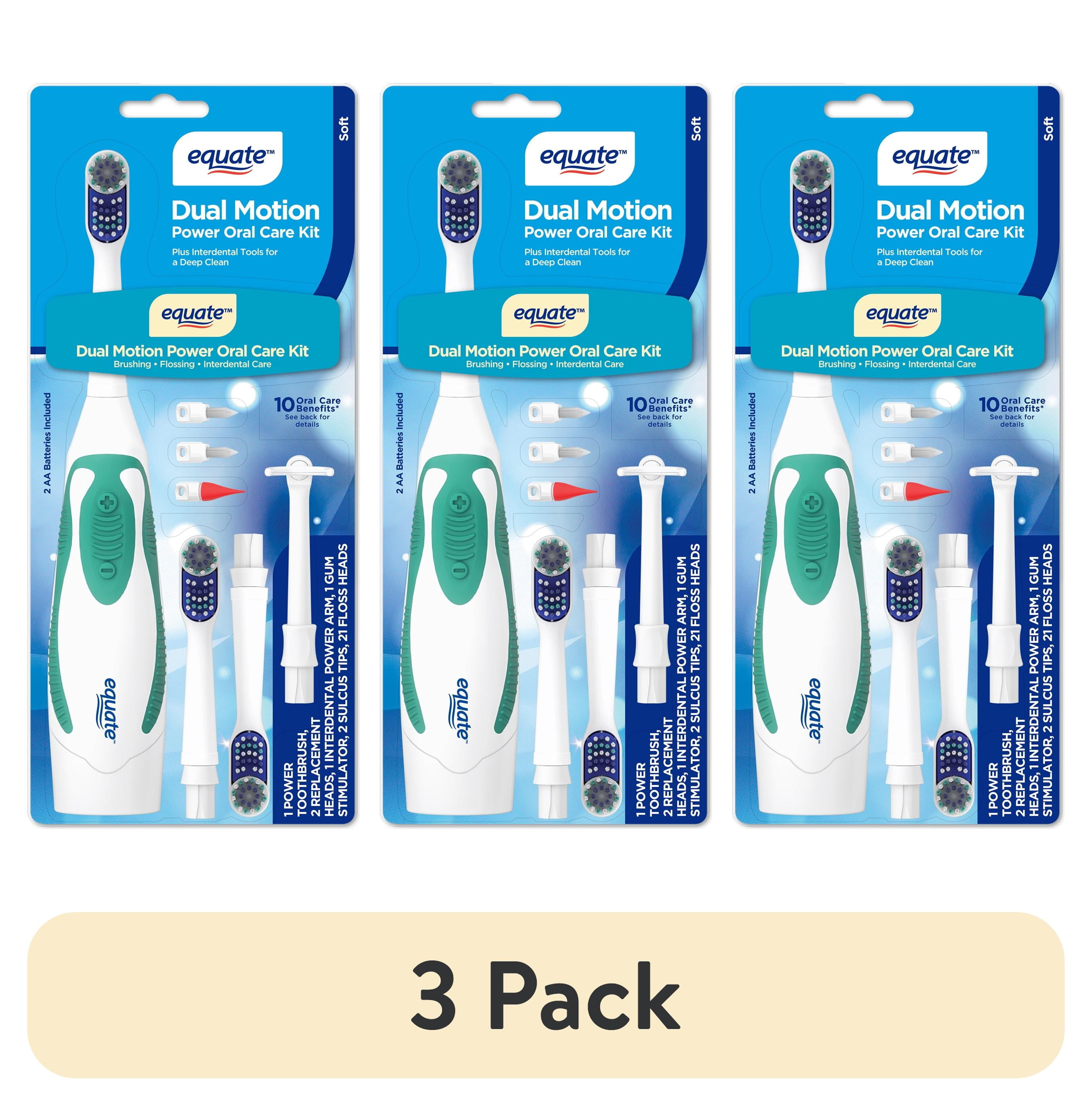 (3 pack) Equate Dual Motion Power Oral Care Kit with Interdental Tools, Soft