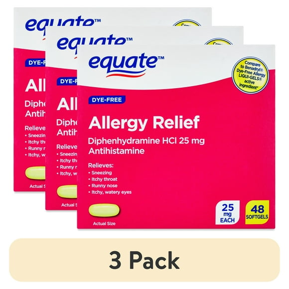 (3 pack) Equate Allergy Relief Diphenhydramine HCl 25mg Antihistamine Softgels, 48 Count, Compare to Benadryl Allergy Ultratab Active Ingredient
