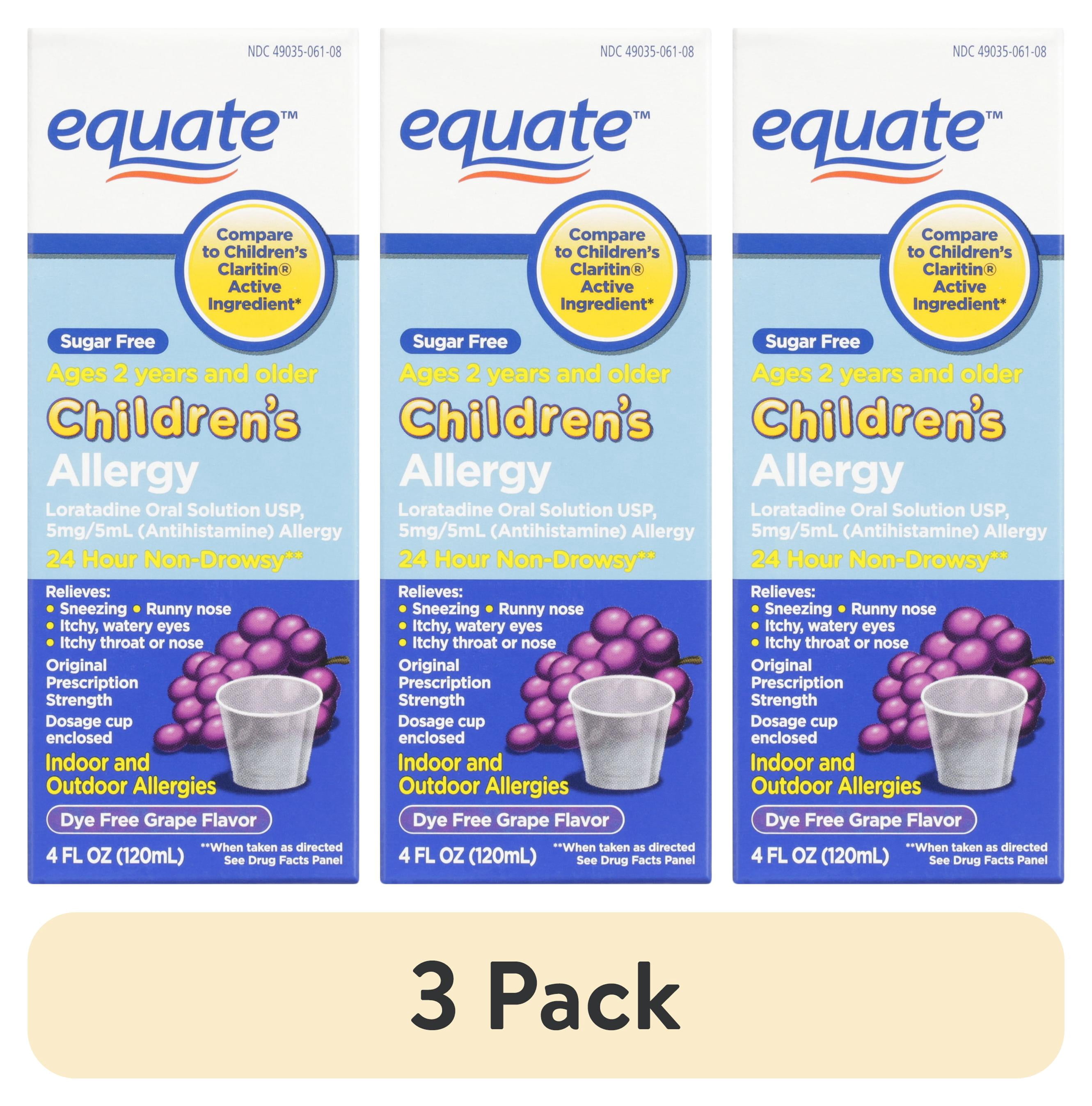 (3 pack) Equate Children's 24-Hour Non-Drowsy Loratadine Allergy Relief Oral Solution, Dye-Free Grape Flavor, Ages 2 Years and Older, 4 fl oz