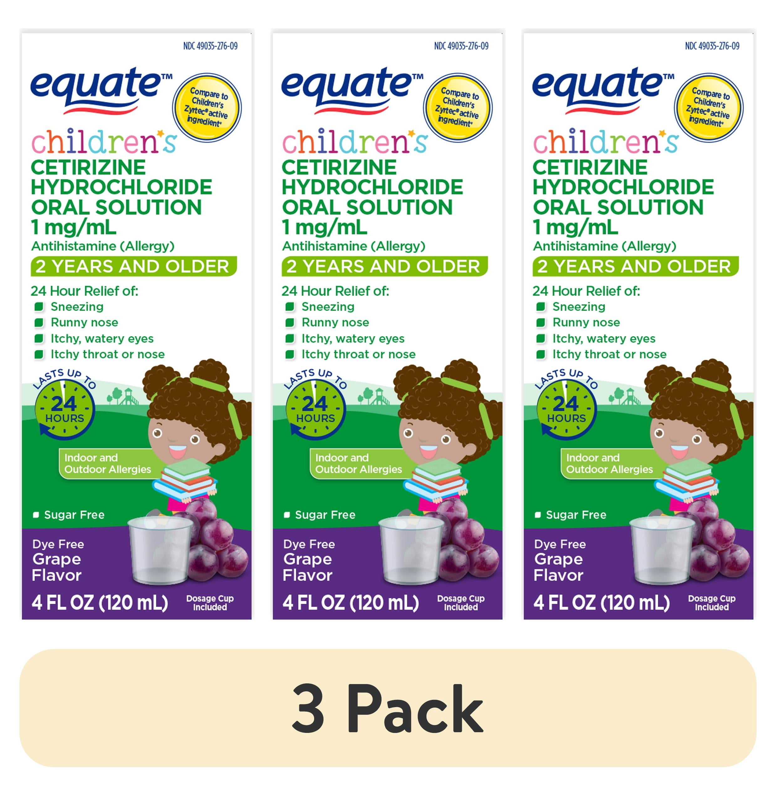 (3 pack) Equate Children's Allergy Cetirizine Hydrochloride Antihistamine Oral Solution, Grape Flavor, 1 mg, 4 fl oz