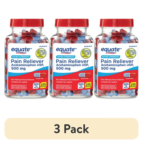 (3 pack) Equate Extra Strength Acetaminophen 500mg Gelcaps, Pain Reliever and Fever Reducer, 225 Count