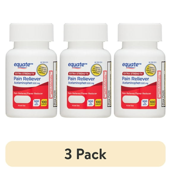 (3 pack) Equate Extra Strength Pain Reliever Acetaminophen Caplets, 500mg, Pain Reliever/Fever Reducer, 100 Count, Compare to Tylenol® Active Ingredient