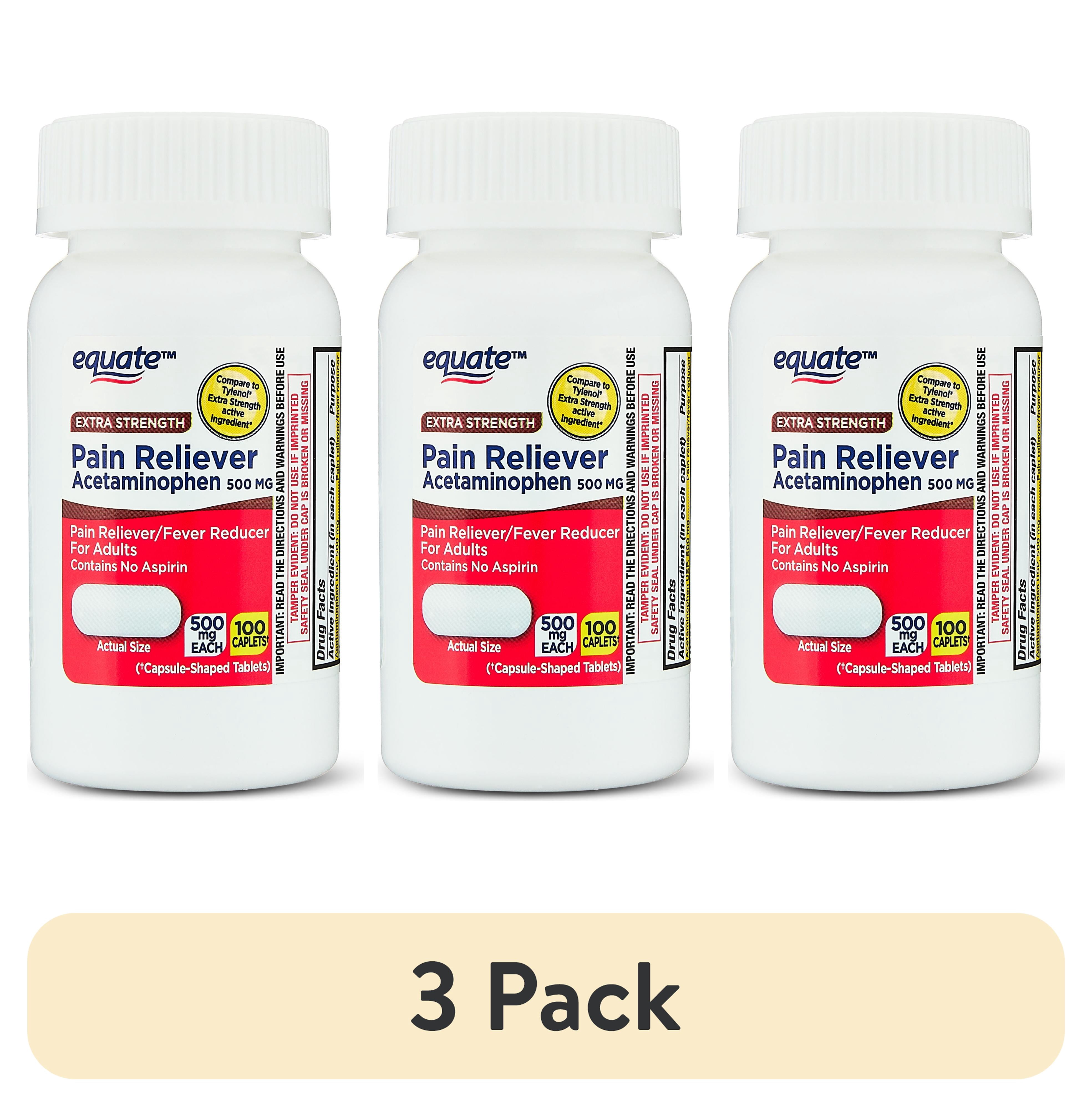 (3 pack) Equate Extra Strength Pain Reliever Acetaminophen Caplets, 500mg, Pain Reliever/Fever Reducer, 100 Count