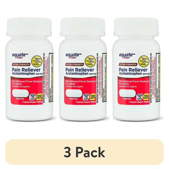 (3 pack) Equate Extra Strength Pain Reliever Acetaminophen Caplets, 500mg, Pain Reliever/Fever Reducer, 100 Count