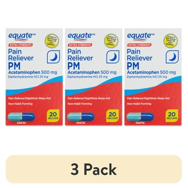 (3 pack) Equate Extra Strength Acetaminophen and Diphenhydramine HCl Nighttime Pain Relief Gelcaps, 20 Count