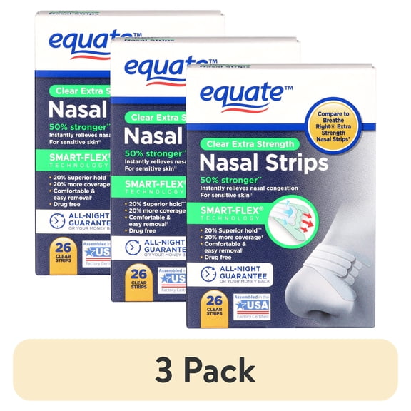 (3 pack) Equate Adhesive Strip Anti-Snoring Nasal Strip for Snoring, Drug-Free, 26 Count