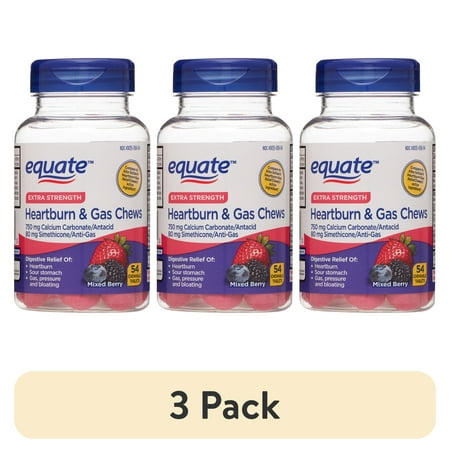 (3 pack) Equate Extra Strength Heartburn Relief + Gas Relief Chews, Mixed Berry, 54 Chewable Tablets