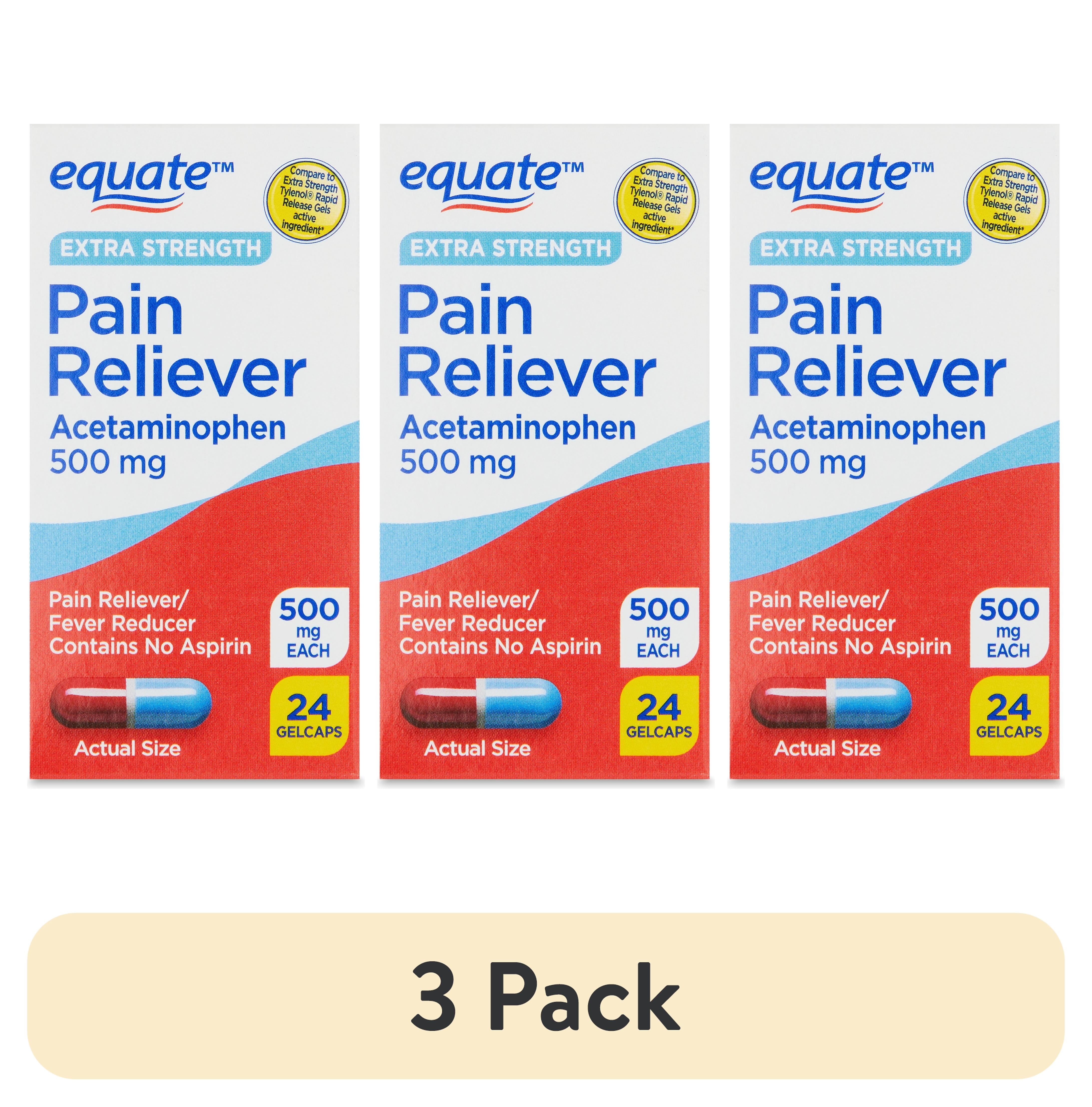 (3 pack) Equate Extra Strength Pain Reliever Acetaminophen Gel Caps, 500mg, Pain Reliever/Fever Reducer, 24 Count, Compare to Tylenol® Extra Strength Rapid Release Gels Active Ingredient