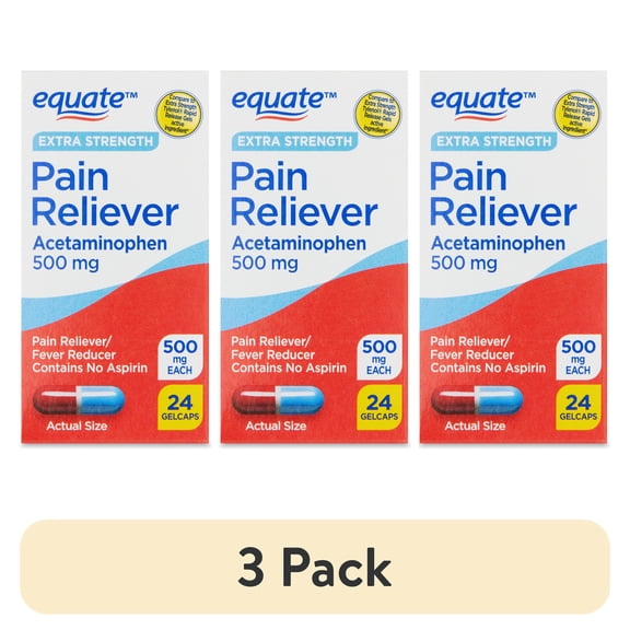 (3 pack) Equate Extra Strength Pain Reliever Acetaminophen Gel Caps, 500mg, Pain Reliever/Fever Reducer, 24 Count, Compare to Tylenol® Extra Strength Rapid Release Gels Active Ingredient