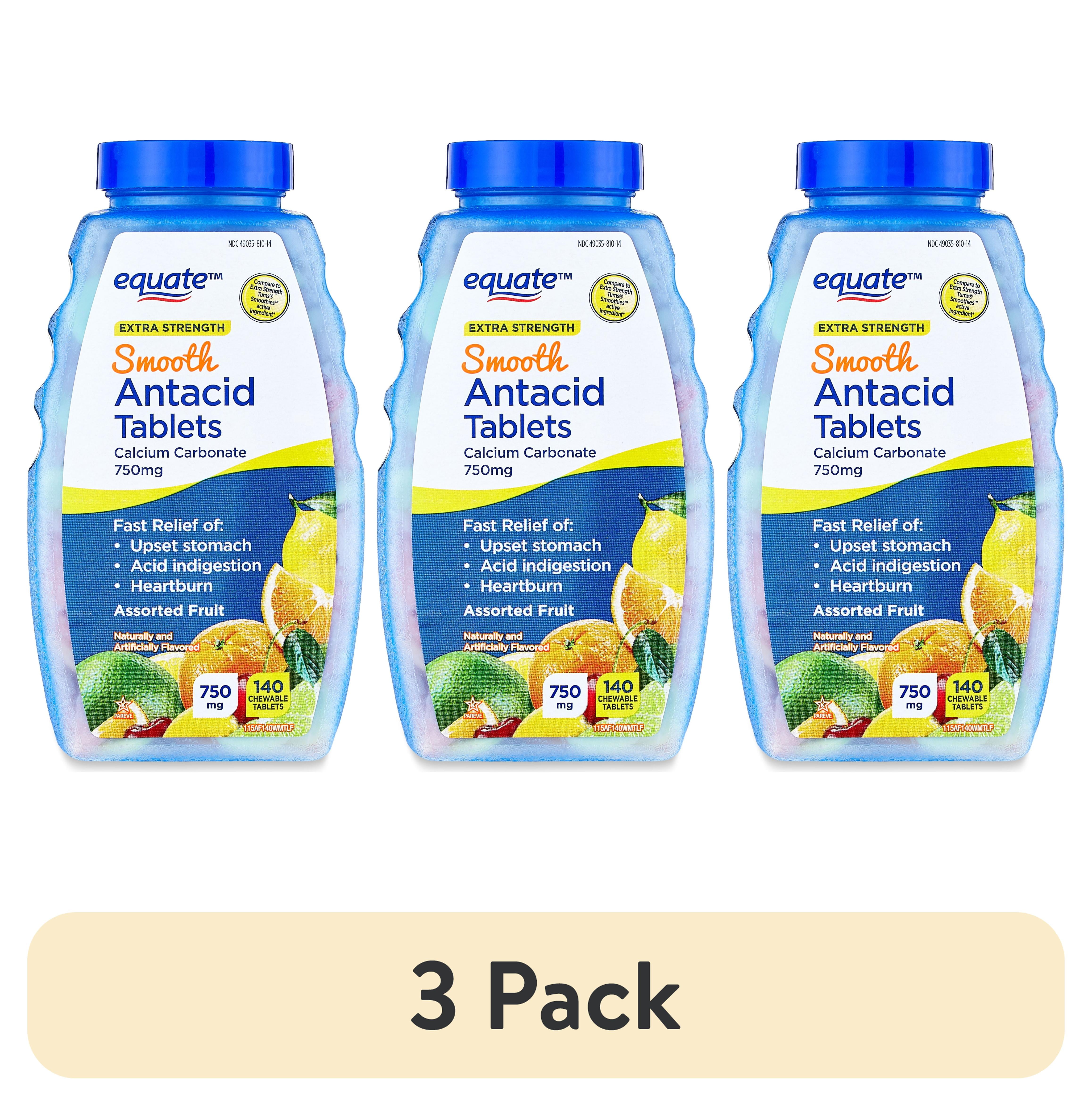 (3 pack) Equate Extra Strength Calcium Carbonate Smooth Chewable Antacid Tablets, Assorted Fruit, 140 Count