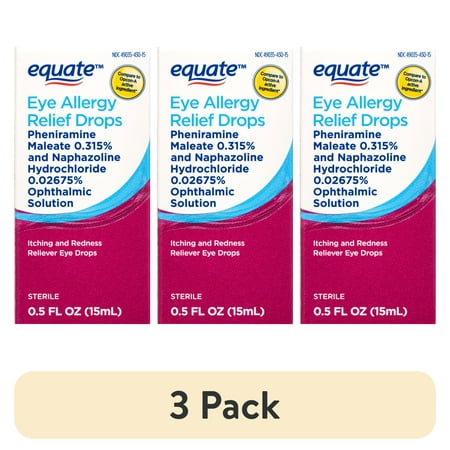 (3 pack) Equate Eye Allergy Relief Antihistamine and Redness Reliever Eye Drops, 0.5 oz, Compare to Opcon-A Active Ingredient