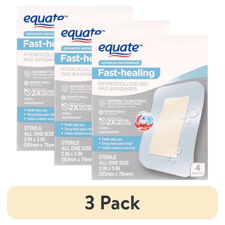 (3 pack) Equate Fast-Healing Hydrocolloid Gel Pad Bandages, 4 Count