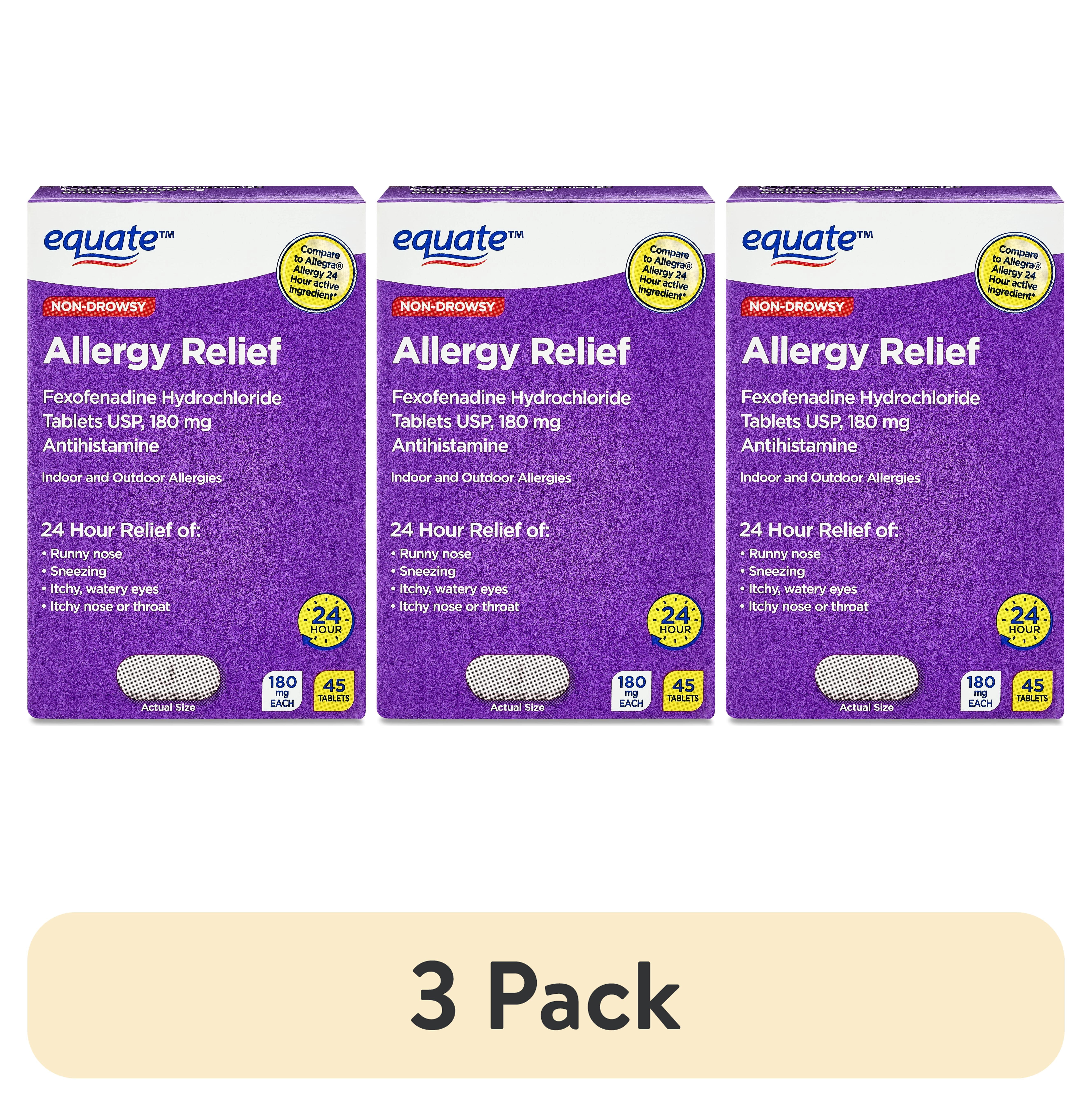 (3 pack) Equate Fexofenadine Hydrochloride USP Non-Drowsy Allergy Relief Tablets, 180 mg, 45 Count