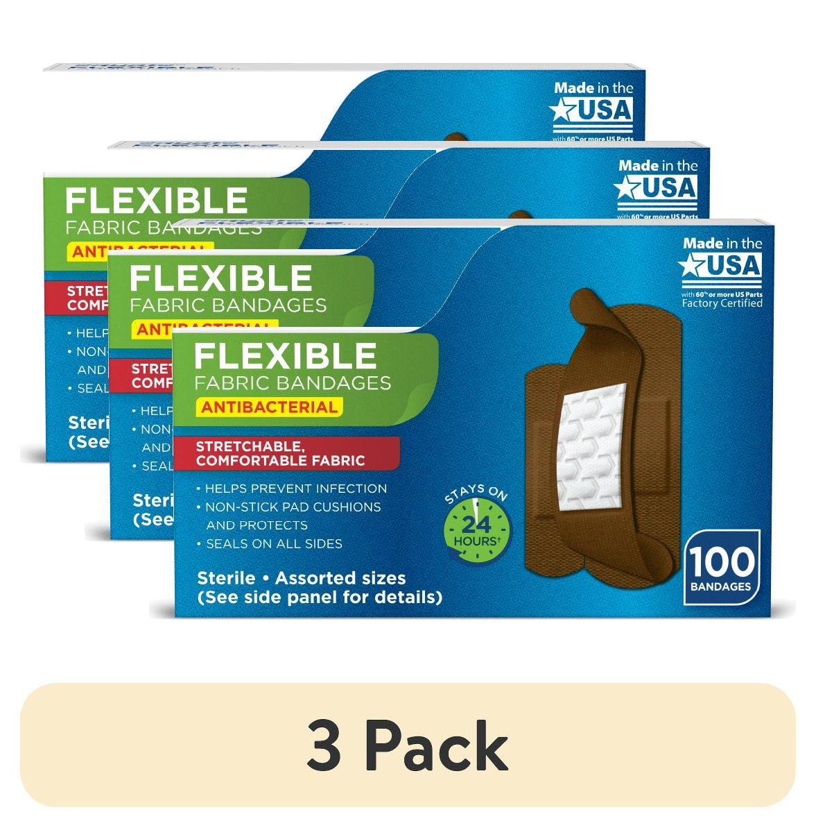 (3 pack) Equate Flexible Fabric Antibacterial Bandages, Dark Bronze, 100 Count