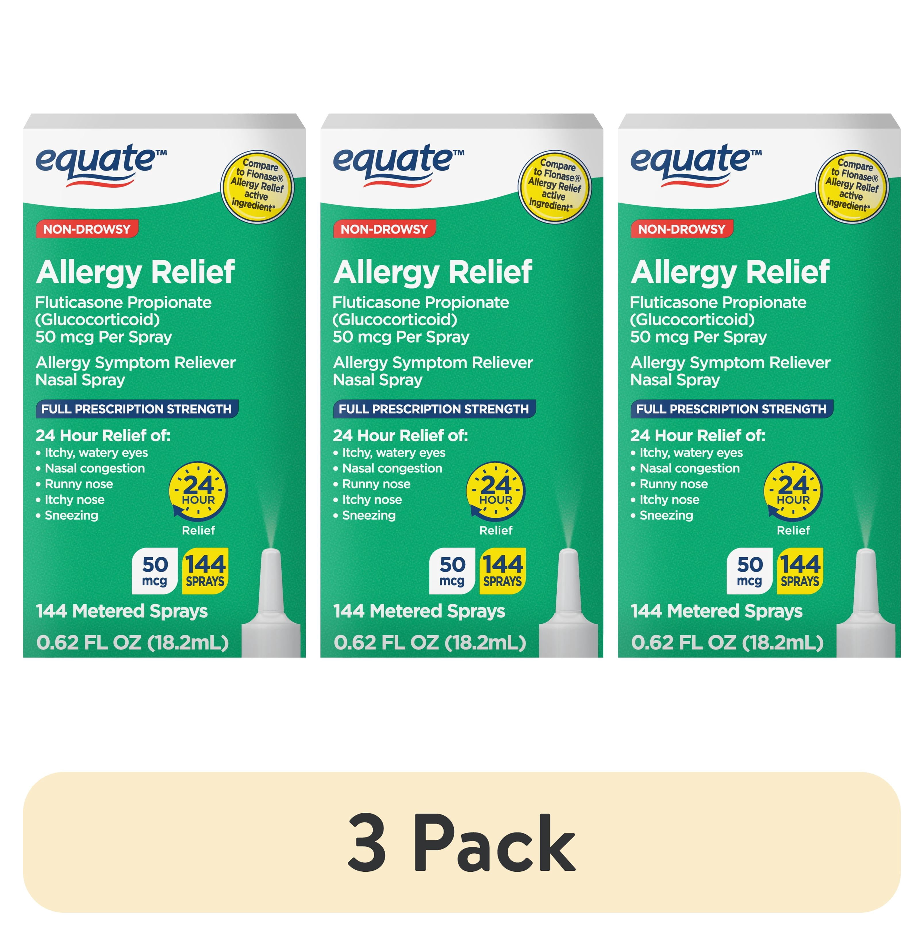 (3 pack) Equate Fluticasone Propionate Nasal Allergy Relief Spray, 50 mcg, Non-Drowsy