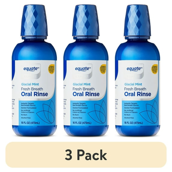 (3 pack) Equate Glacial Mint Fresh Alcohol-Free Oral Rinse, 16 fl oz, Compare to TheraBreath® Fresh Breath Oral Rinse - Icy Mint