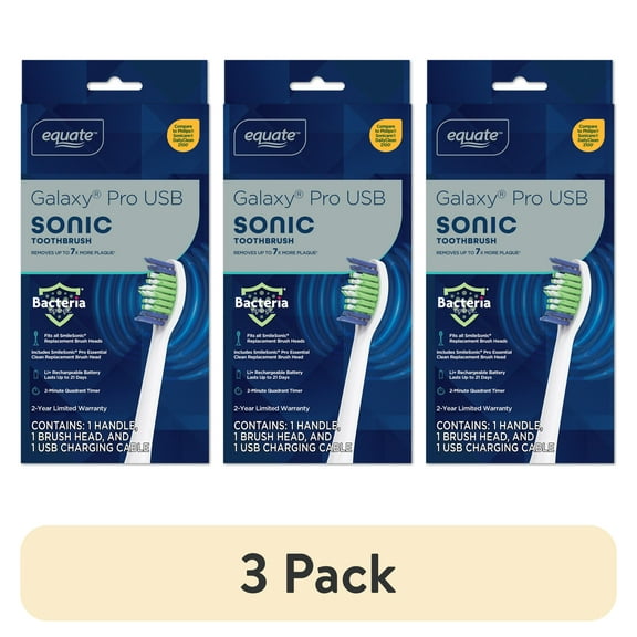 (3 pack) Equate Galaxy Pro USB Sonic Rechargeable Electric Toothbrush, Replace-Me Bristles