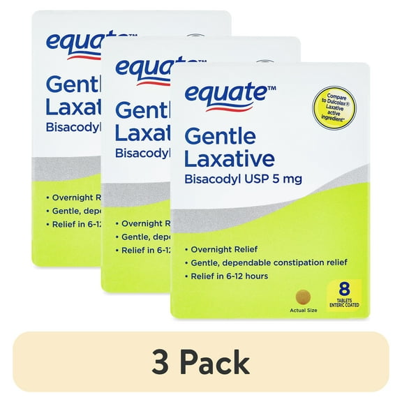 (3 pack) Equate Gentle Laxative Bisacodyl for Adult Constipation, 5mg, 8 Coated Tablets, Unflavored