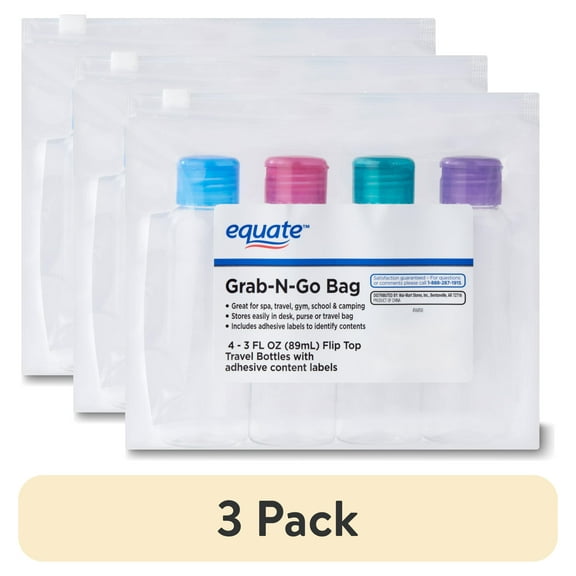 (3 pack) Equate Grab-N-Go Bag of Plastic Travel Bottles for Toiletries, Color May Vary, 3 fl oz (4 Count)