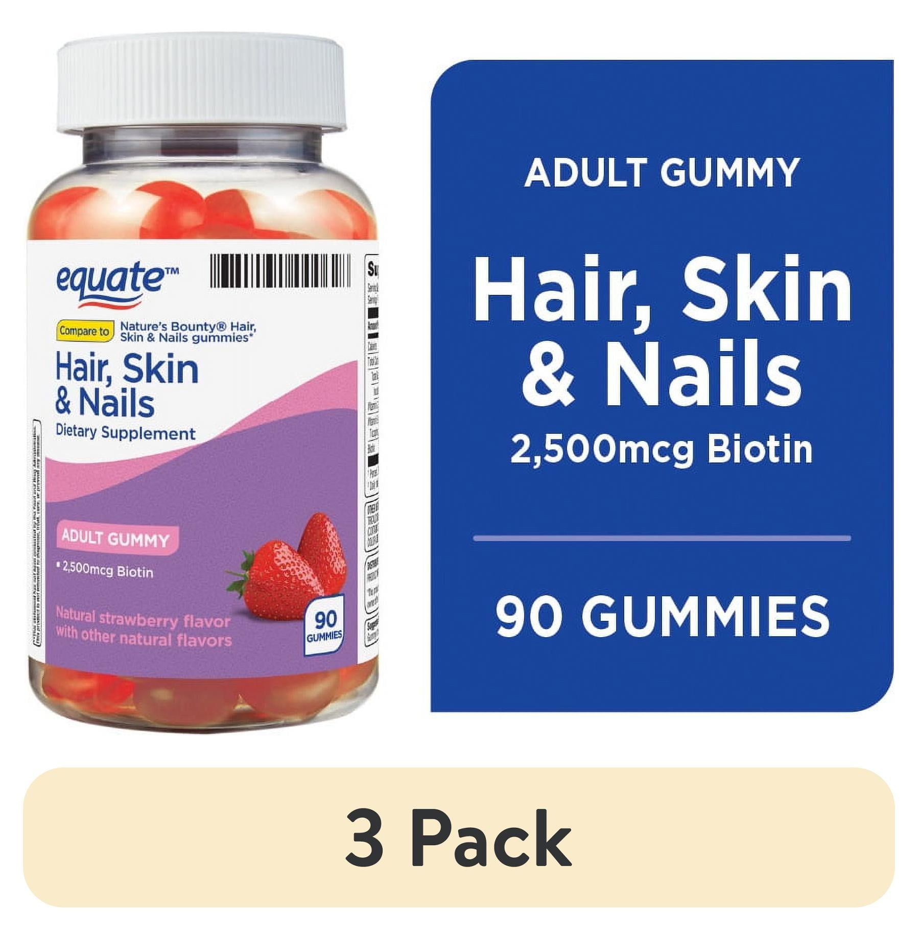 (3 pack) Equate Hair, Skin, and Nails Dietary Supplement for Adults, Biotin 2500mg, 90ct Gummies
