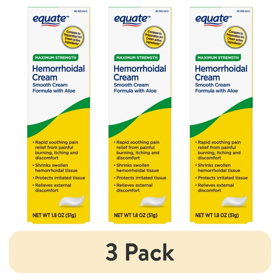 (3 pack) Equate Hemorrhoidal Cream, Maximum Strength Pain Relief, 1.8 oz, Compare to Preparation H Cream Active Ingredients