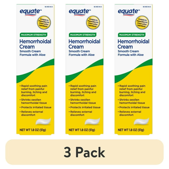 (3 pack) Equate Hemorrhoidal Cream, Maximum Strength Pain Relief, 1.8 oz, Compare to Preparation H Cream Active Ingredients