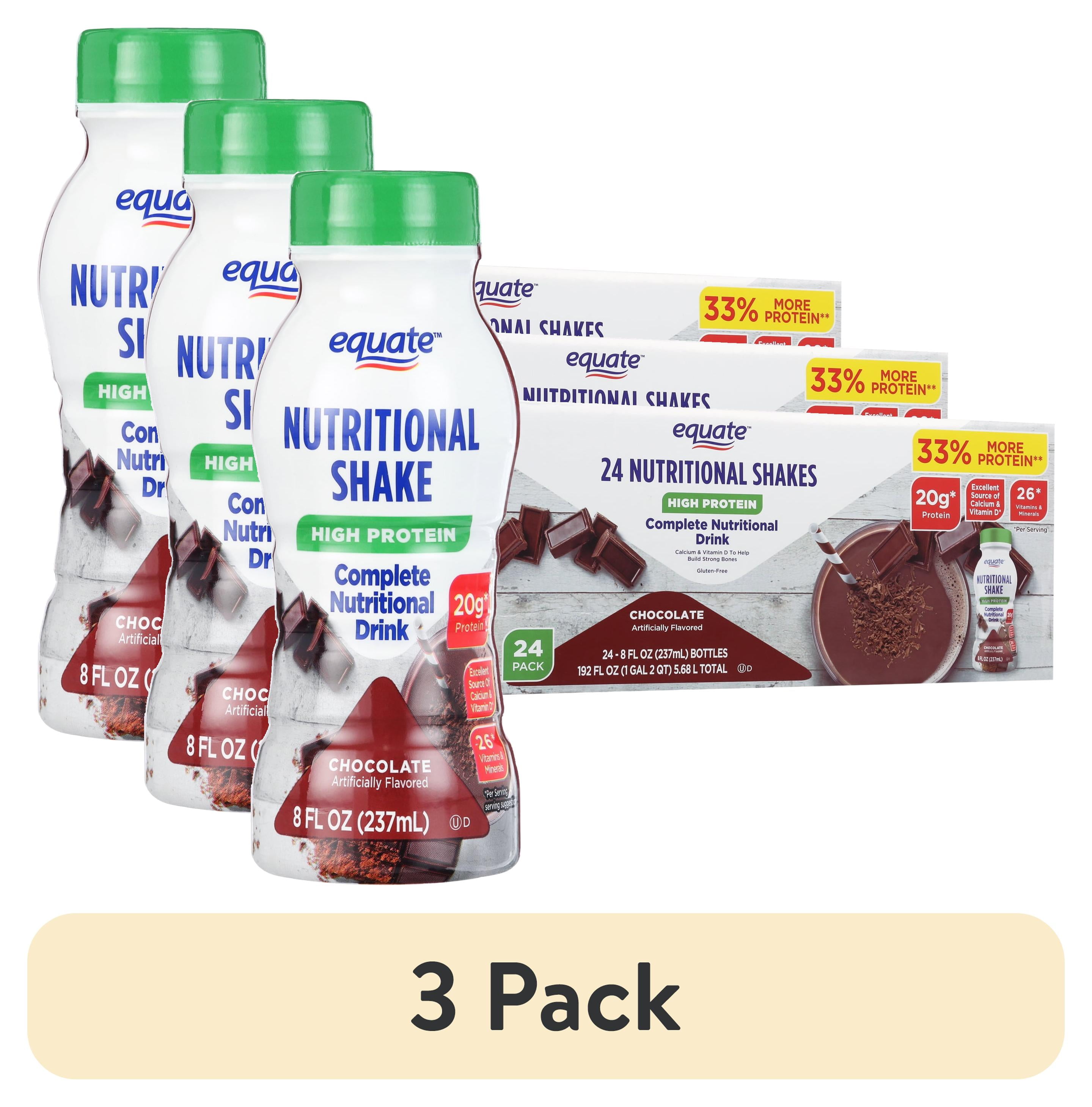(3 pack) Equate High Protein Complete Nutritional Shake, Calcium and Vitamin D, Chocolate, 8 fl oz, 24 Count