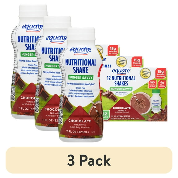 (3 pack) Equate Hunger Savvy Nutritional Shakes, Chocolate, 11 fl oz, 12 Count, Compare to Glucerna Hunger Smart Chocolate