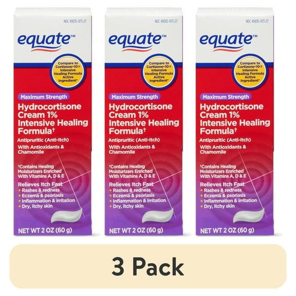(3 pack) Equate Anti Itch Maximum Strength Hydrocortisone 1% Intense Healing Formula Cream, 2 oz, Compare to Cortisone.10 Intensive Healing Formula Active Ingredient