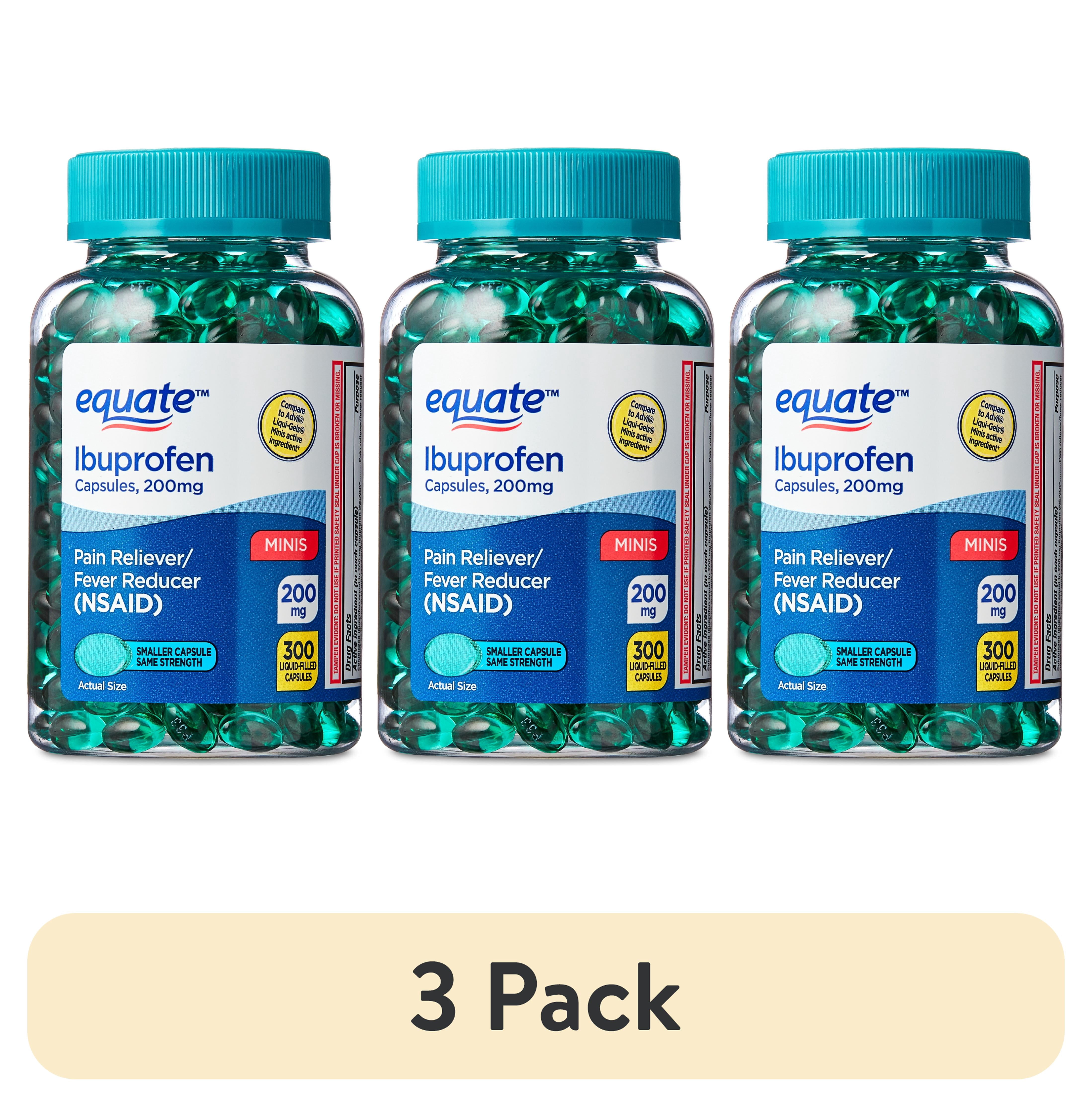 (3 pack) Equate Ibuprofen Mini Liquid Filled Softgel Capsules, 200 mg, Pain Relief & Fever Reducer, 300 Count, Compare to Advil® LIQUI-GELS Minis Active Ingredient