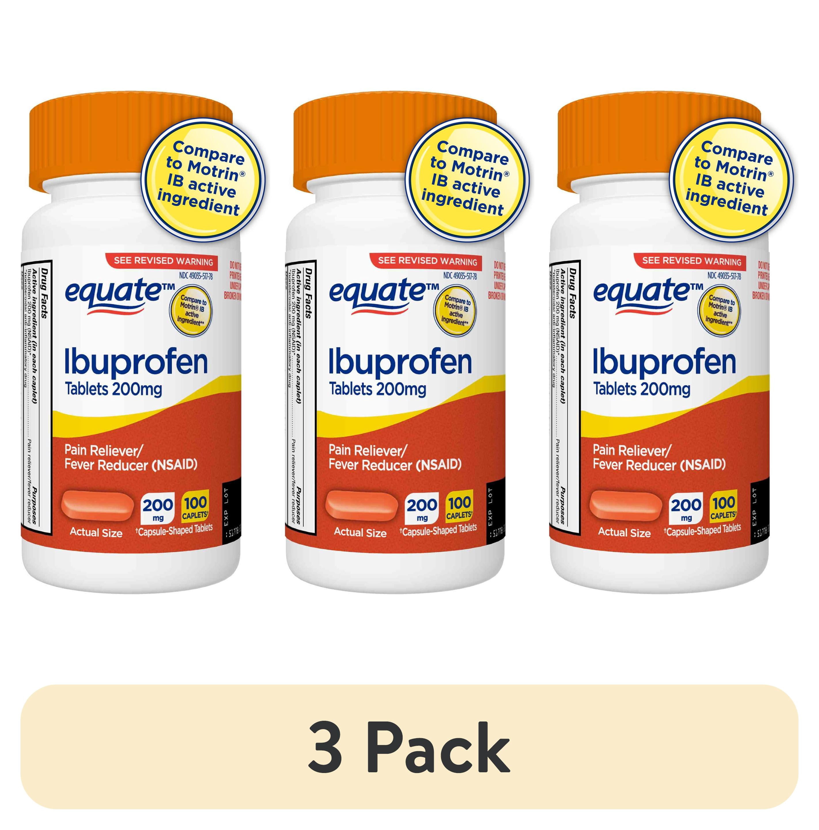 (3 pack) Equate Gluten-Free Ibuprofen Fever Reducer Tablets for Body Aches & Pains with 100 Tablets, 200 mg