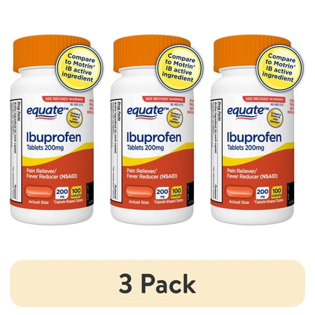 (3 pack) Equate Gluten-Free Ibuprofen Fever Reducer Tablets for Body Aches & Pains with 100 Tablets, 200 mg