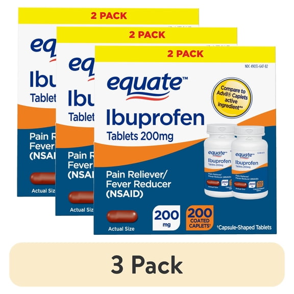 (3 pack) Equate Ibuprofen Tablets, 200 mg, Pain Reliever and Fever Reducer, 200 Count (2x100 Count), Compare to Advil® Caplets Active Ingredient