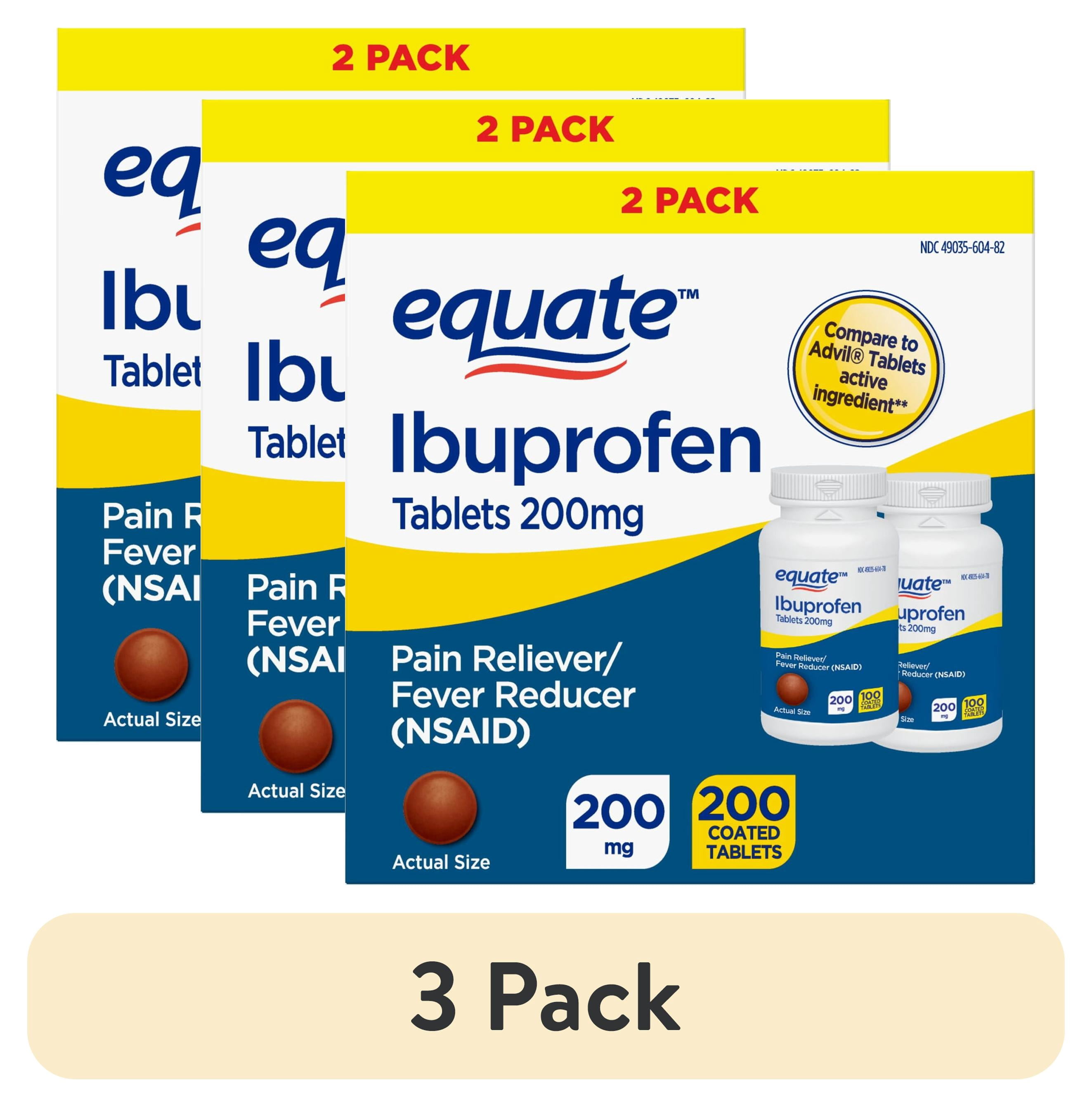 (3 pack) Equate Ibuprofen Tablets, 200 mg, Pain Reliever and Fever Reducer, 200 Count (2x100 Count), Compare to Advil® Tablets Active Ingredient