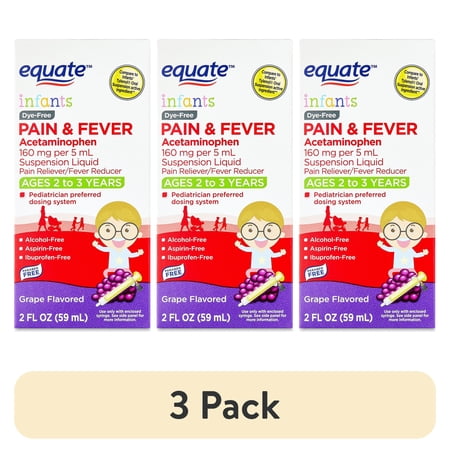 (3 pack) Equate Infants' Pain Reliever & Fever Reducer Acetaminophen Suspension, Dye-Free, Grape Flavor, 160 mg, Ages 2-3, 2 fl oz