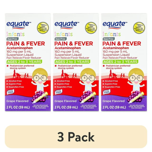 (3 pack) Equate Infants' Dye-Free Pain Reliever & Fever Reducer Acetaminophen Oral Suspension, 160 mg, Grape Flavor, Ages 2 to 3 Years, 2 fl oz, Compare to Infant's Tylenol Oral Suspension Active Ingredient