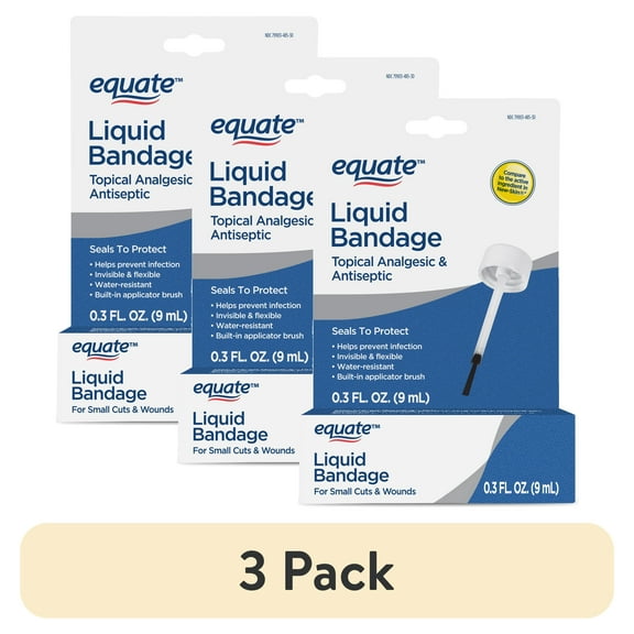 (3 pack) Equate Liquid Bandage, Topical Analgesic and Antiseptic for Small Cuts, 0.3oz, Compare to the Active Ingredient in New Skin
