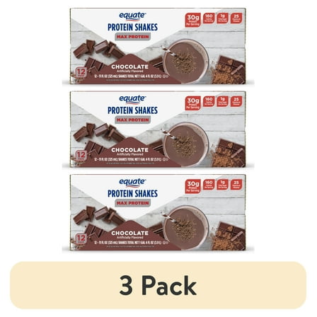 (3 pack) Equate Max Protein Nutrition Shake, Chocolate Flavored, 12 (11 fl oz) Shakes