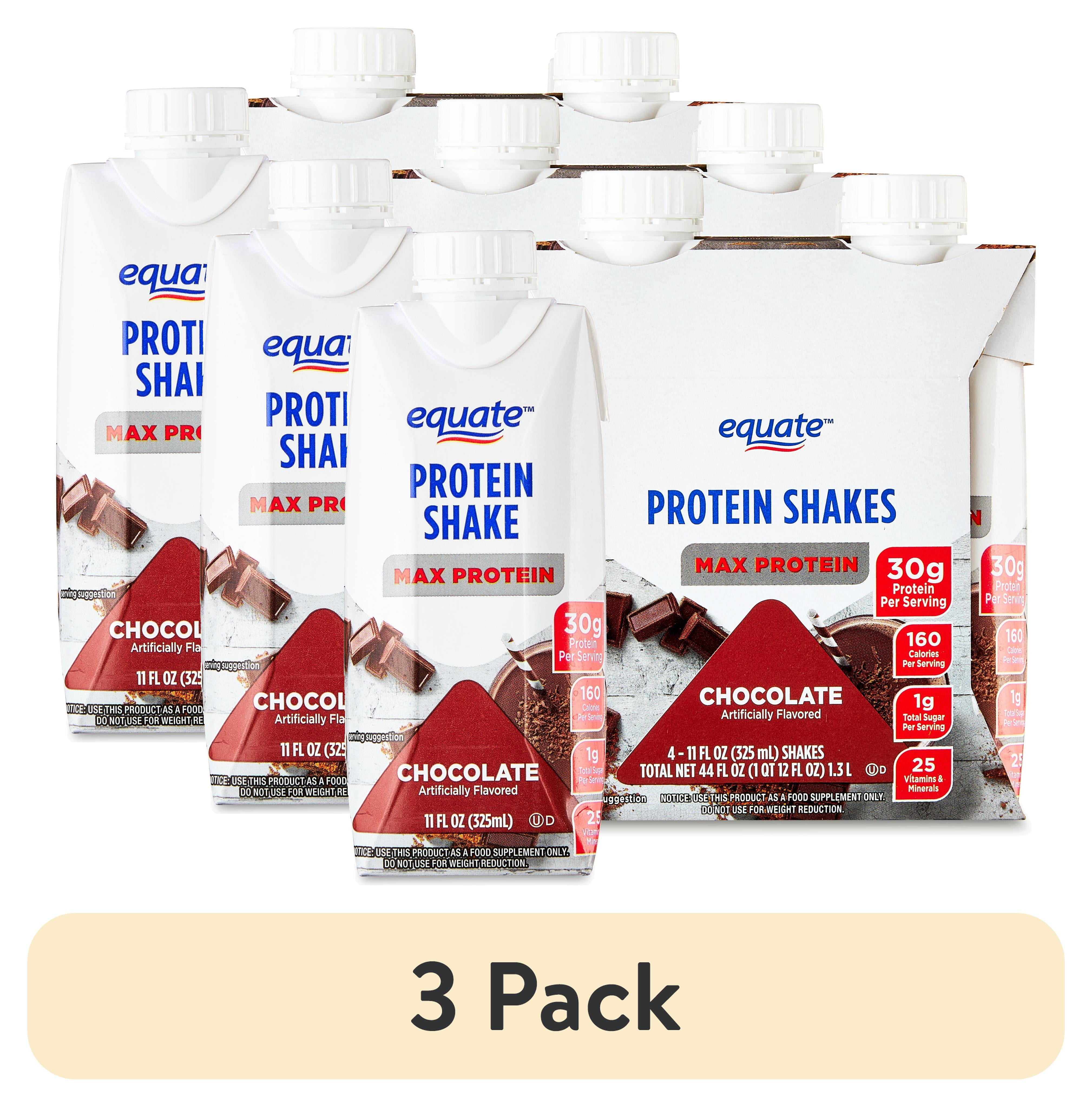 (3 pack) Equate Max Protein Nutrition Shake, Chocolate Flavored, Liquid, 11 fl oz, 4 Count