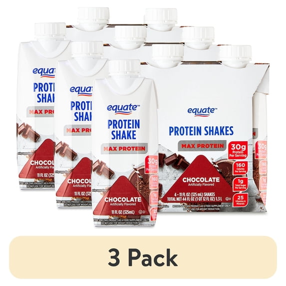 (3 pack) Equate Max Protein Nutrition Shake, Chocolate Flavored, Liquid, 11 fl oz, 4 Count