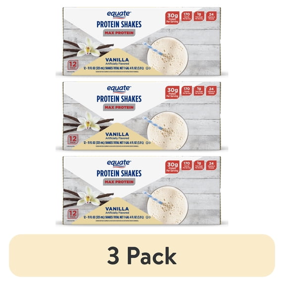 (3 pack) Equate Max Protein Nutrition Shake, Vanilla Flavored, 12 Pack (11 fl oz)